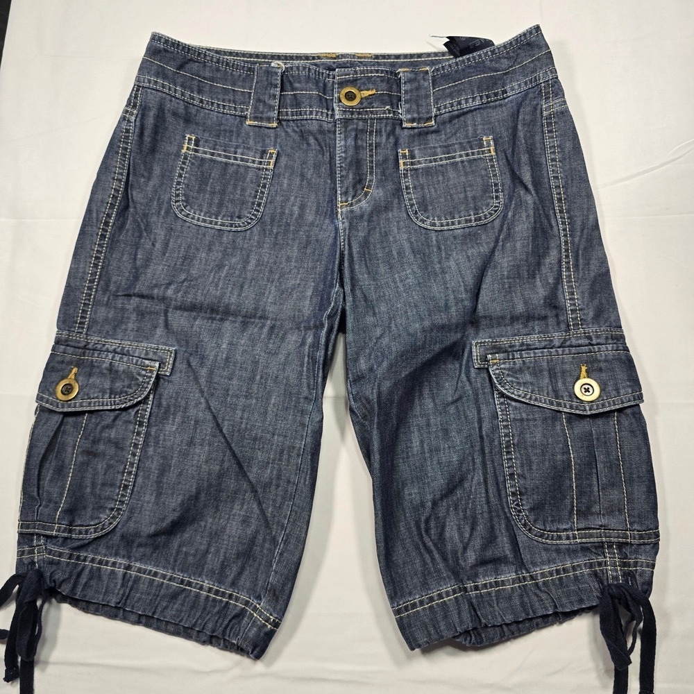 Tommy Hilfiger Womens‎ Denim Cargo Shorts Dark Wash Size 2 Blue Tie Hem Outdoor